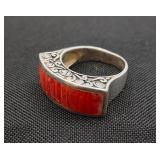 .925 Sterling Silver & Coral Dome Ring Size 8