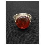 .925 Sterling Silver & Amber Ring Size 6.75