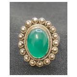 .925 Sterling Silver & Green Agate Ring Size 7.5