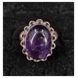 .925 Sterling Silver Amethyst Cabochon Stone Ring