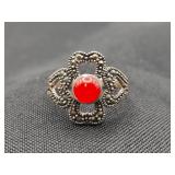 .925 Sterling Silver & Carnelian Marcasite Ring