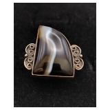 .925 Sterling Silver & Black Banded Agate Ring