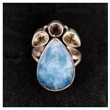 .925 Sterling Silver Aquamarine + Stone Ring
