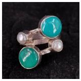 .925 Sterling Silver Turquoise & Pearl Ring