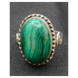 .925 Sterling Silver & Malachite Ring Size 8.75