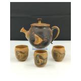 VTG 1965 Stoneware "Fish" Teapot & Sake Cups