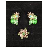 VTG Green Uranium Glass Rhinestone Earrings/Brooch