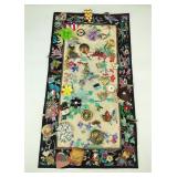 VTG Embroidered Tablecloth 30+ Brooches & Pins