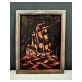 Epic Vintage Ship on Velvet Painting Signed
