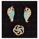 VTG Intense Blue Rhinestone Brooch & Fur Clips
