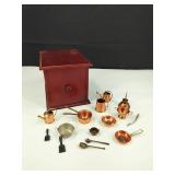 Wood Box with Mini Copper Pots & Pans