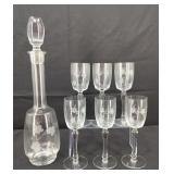 VTG Etched Glass Decanter & 6 Wine Glasses