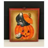 VTG Tolle Painted Cat in Jack-o-Lantern Plaque