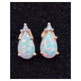14K Yellow Gold Opal & Diamond Chip Earrings