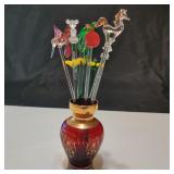 VTG Glass Disney Horse Swizzle Sticks W/Small Vase
