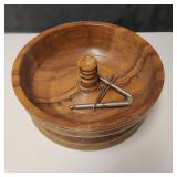 Mid Century Wood Nut Bowl With Cracker And Picks