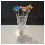 VTG Glass Butteryfly Swizzle Sticks W/Small Vase