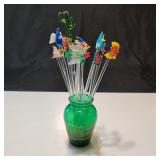 VTG Glass Fish Swizzle Sticks With Small Vase