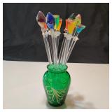 VTG Glass Drink Swizzle Sticks W/Small Vase