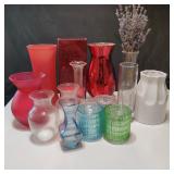 11 Glass Vases Red, Clear, White