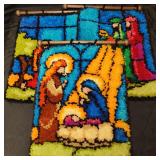 3 Vtg Latch Hook Nativity Wall Hangings W/Rods