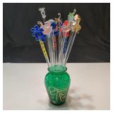 VTG Animal Swizzle Sticks In VTG Green Vase