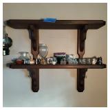 Vintage Two Tier Wooden Shelf With Brass Hools