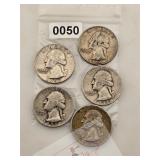 5 Vintage Silver Washington Quarters $240