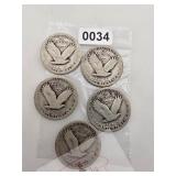 Five Standing Liberty Silver Quarters $254