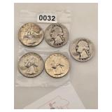 Five Vintage Silver US Quarters $254