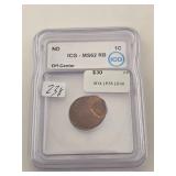 ND Copper Off-Center 1C MS62 RB ICG $60