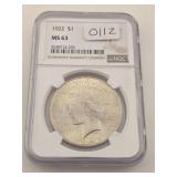 1922 Peace Silver Dollar MS 63 NGC Graded $549