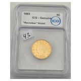 1883 Gold Genuine Racketeer Liberty Nickel $130