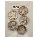 5 Vintage Silver Washington Quarters $240