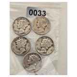 Lot of Five Silver Mercury Dimes $312