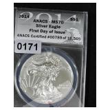 2014 ANACS MS70 First Day Silver Eagle $240