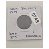 Great Britain 1934 Farthing Coin KM# 825