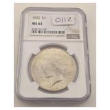 1922 Peace Silver Dollar MS 63 NGC Graded $549