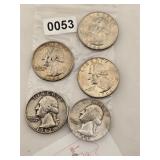 5 Vintage Silver Washington Quarters $240