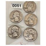 5 Vintage Silver Washington Quarters $240