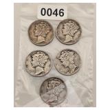 Lot of 5 US Mercury Silver Dimes $288