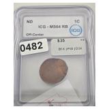 ICG MS64 RB Off-Center Copper Lincoln 1C $70