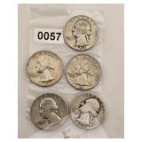 Five Vintage Silver Washington Quarters $240