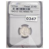 1943-D MS65 FB Silver Mercury Dime $298