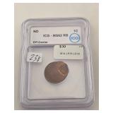ND Copper Off-Center 1C MS62 RB ICG $60