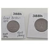1954 Great Britain Copper Half Penny Coin Lot