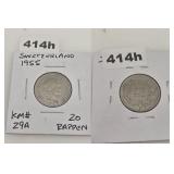 1955 SWITZERLAND 20 RAPPEN COPPER NICKEL COIN