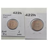 1957 Sweden 2 Ore Copper Coin KM#821 Nice Cond