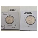 2005 Turkey 25 Yeni Kurus Cupro-Nickel Coin