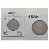 1957 Great Britain Copper Half Penny Coin LYP